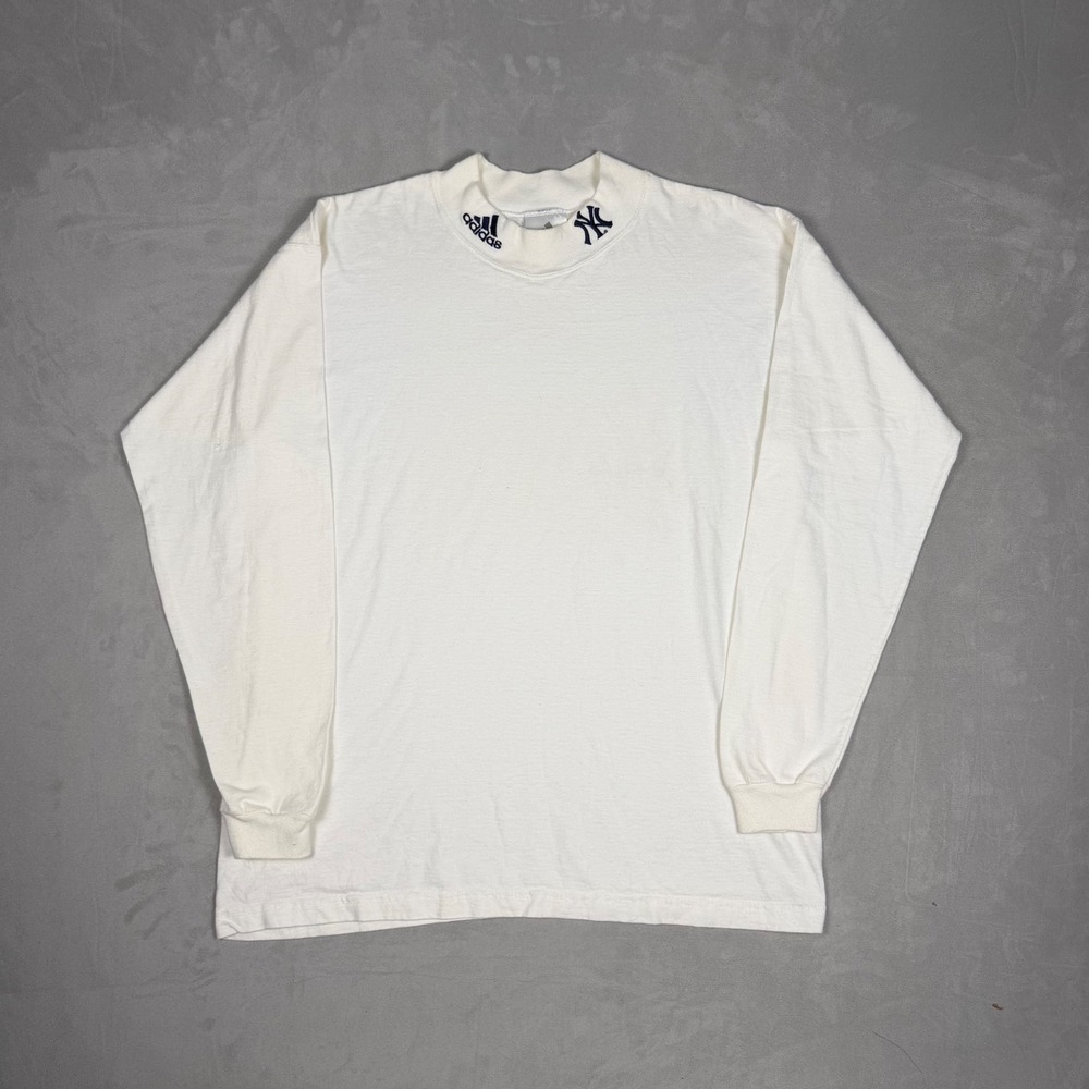 90s Mens Adidas New York Yankees Mock Neck Long Sleeve Shirt Vintage White M